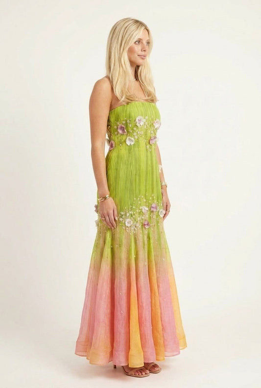 Women's Strapless Floral Appliqué Pleated Ombré Maxi Dress