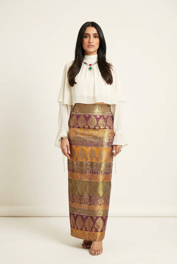Elegant Chiffon Tiered Blouse and Metallic Brocade Skirt Set