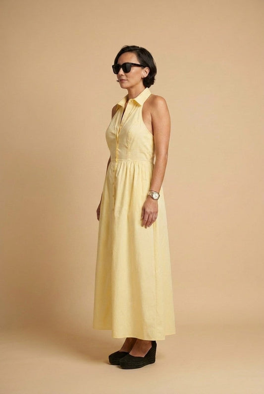 Women's Pastel Yellow Cotton Halter Neck Button-Down Midi Summer Dress