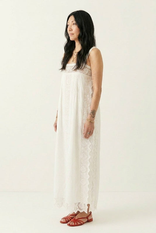 Women's Bohemian Lace-Trim Cotton Maxi Dress Relaxed Flowy Summer Gown