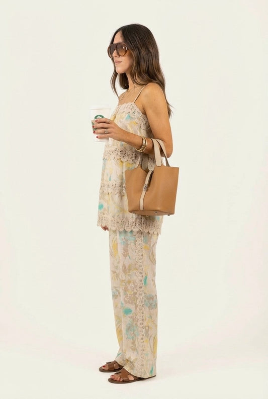 Women's Floral Linen Crochet Lace Camisole and Pants Set
