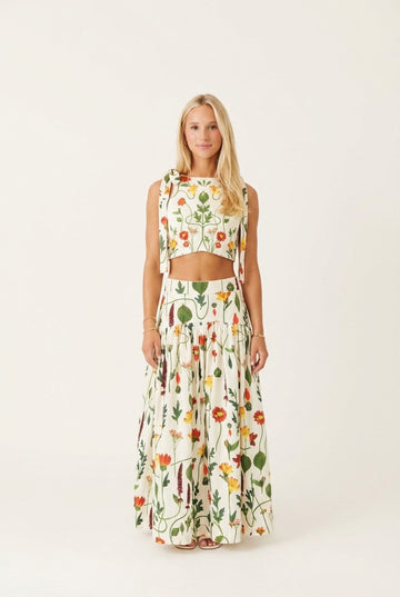 Women's Floral Tie-Shoulder Crop Top and Tiered Maxi Skirt Set