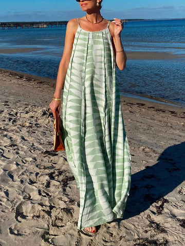 Bohemian Style Unique Ruffle Triangle Print Suspender Maxi Dress