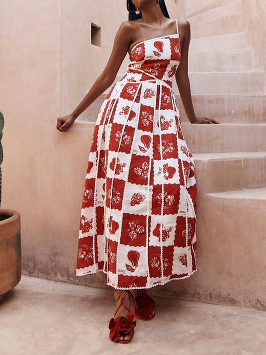 Floral Trim Unique Printed One Shoulder Flared Maxi Dress
