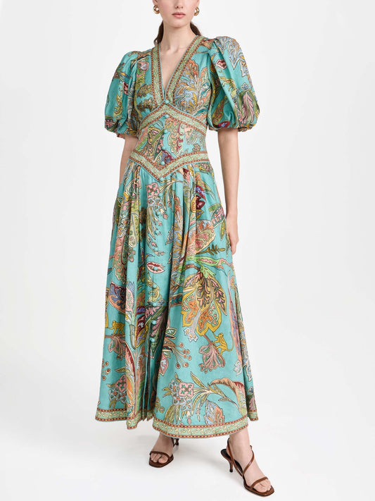 Emerald Luxe Paisley Puff Sleeve Maxi Dress