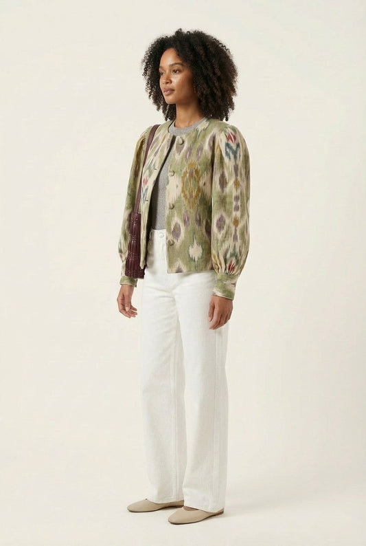 Women's Ikat Print Puff Sleeve Jacket, Button-Front Statement Outerwear