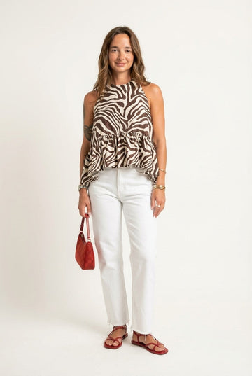 Women's Zebra Print Halter Blouse with Ruffled Peplum Hem