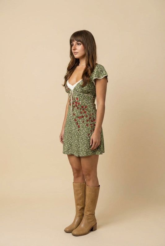 Women's Floral Lace Trim Mini Dress Tie Front Cottagecore Style