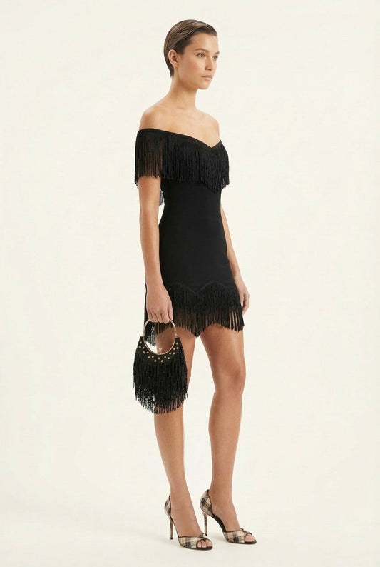 Women's Black Fringe Bardot Mini Dress Bodycon Cocktail Party