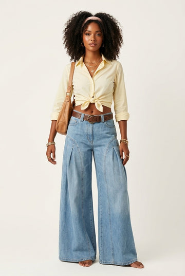 Women's Lightweight Cotton Shirt and Wide-Leg Pleated Denim Jeans Summer Set