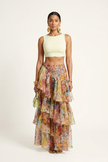 Women's Sleeveless Chiffon Floral Crop Top and Tiered Maxi Skirt Set