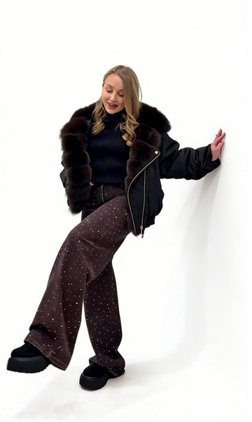 Black satin faux fur bomber jacket and sequined wide-leg trouser suit