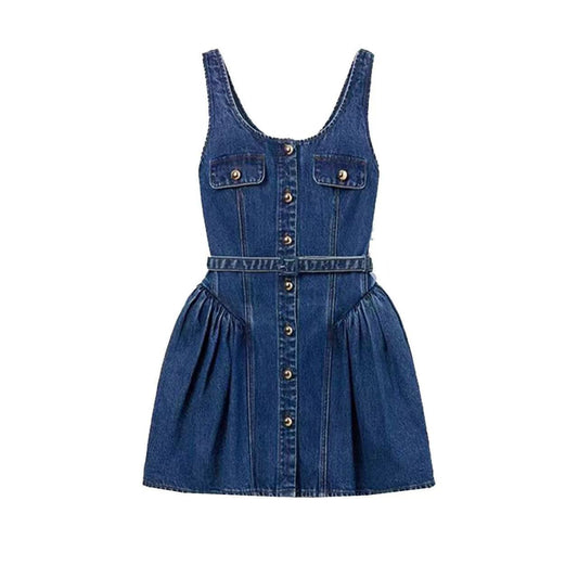 Blue denim fitted A-line dress