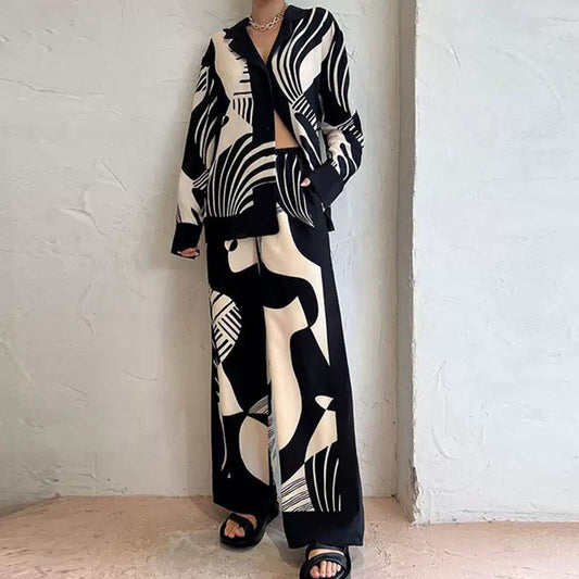 Satin shirt and wide-leg trouser suit