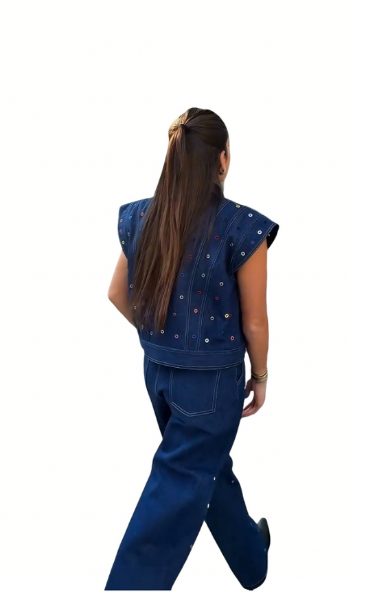 Dark denim sleeveless jacket and wide-leg pants suit