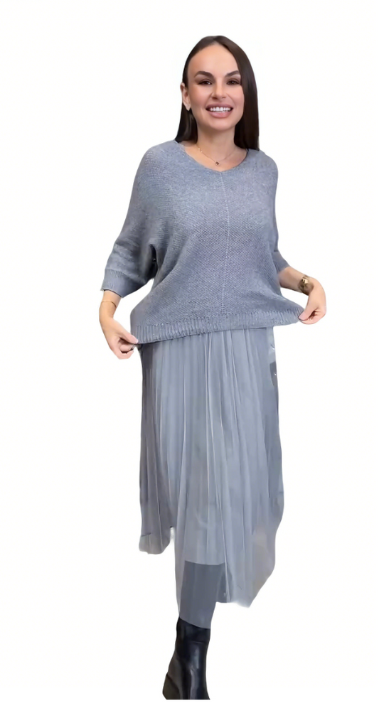 Plain gray knit sweater and pleated tulle skirt set