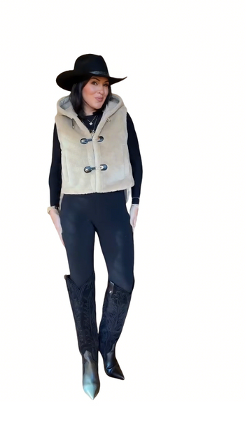 Beige faux fur hooded tweed vest