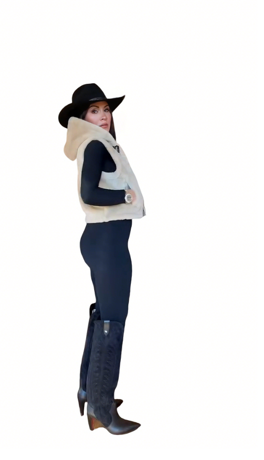 Beige faux fur hooded tweed vest