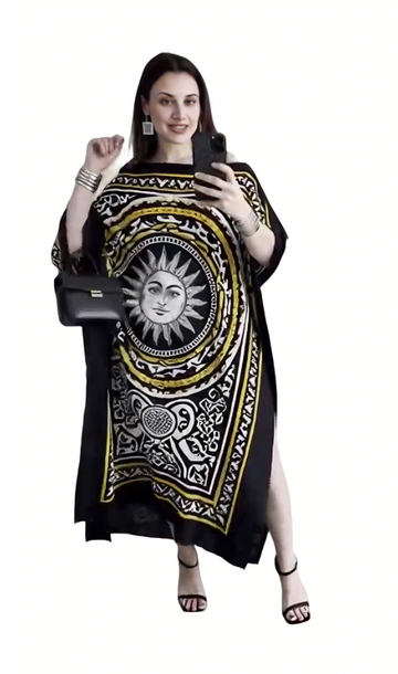 Sun-print loose-fitting slit dress