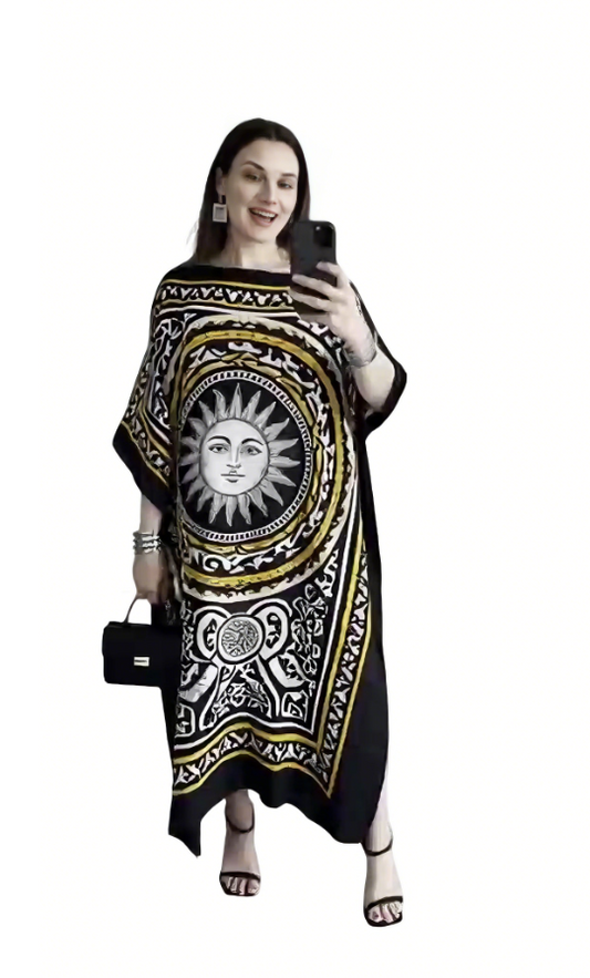 Sun-print loose-fitting slit dress