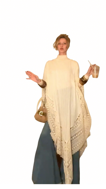 Beige turtleneck crochet shawl top