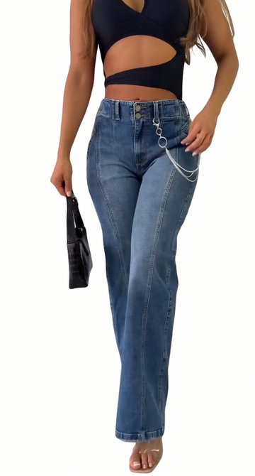 Medium-wash high-waisted straight leg jeans