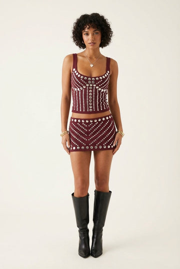 Women's Studded Knit Tank Top and Mini Skirt Set, Edgy Festival Vibe