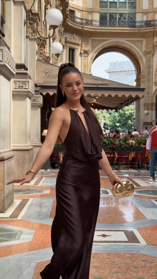 Chocolate Brown Satin Halter Maxi Dress