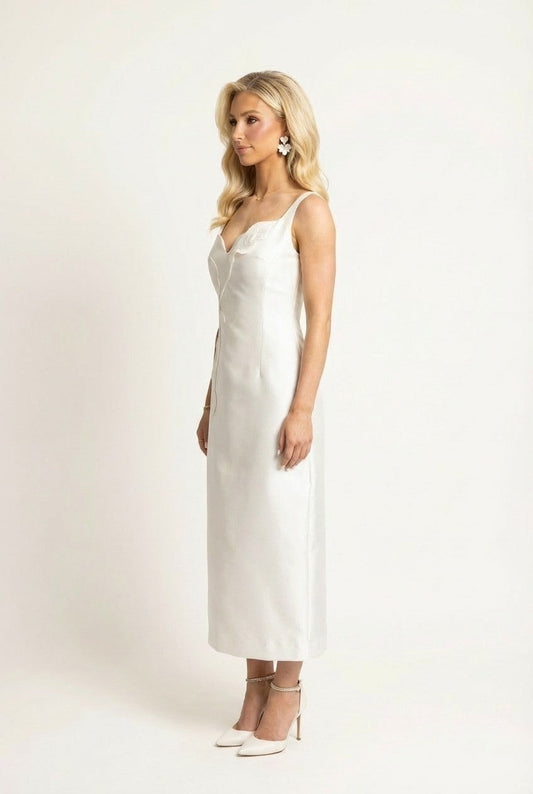 Women's White Satin Midi Dress with 3D Floral Appliqué