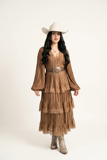 Women's Pleated Lace Trim Tiered Dress With Bishop Sleeves