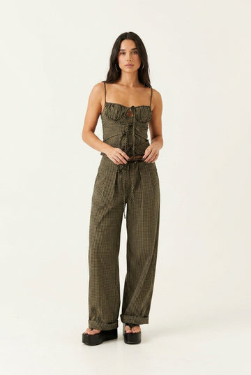 Women's Gingham Woven Bustier and Wide Leg Pants Set, Olive Green
