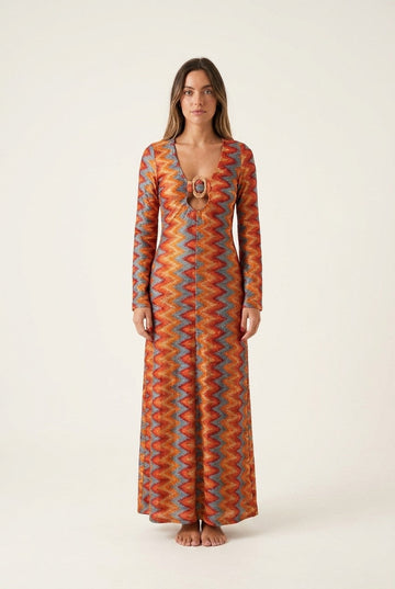 Women's Chevron Knit Maxi Dress with Ring Detail and Cut-Out