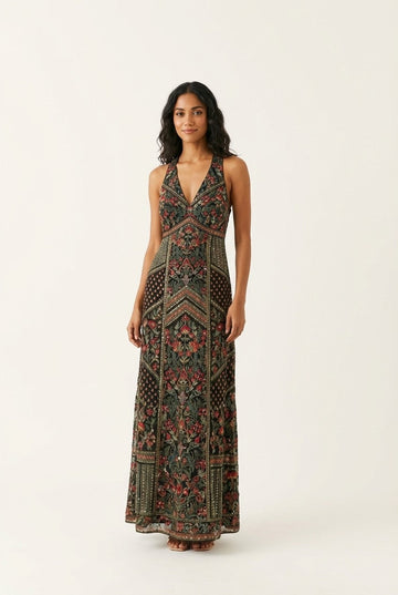 Women's Floral Print V-Neck Maxi Dress, Bohemian Sleeveless Resort Gown