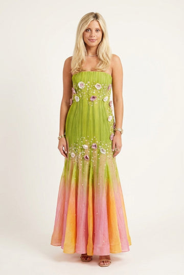 Women's Strapless Floral Appliqué Pleated Ombré Maxi Dress