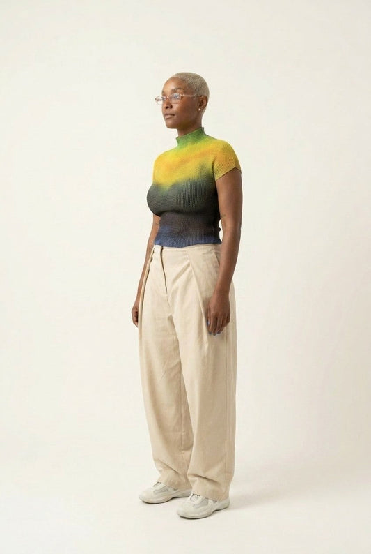 Women's Ribbed Plissé Crop Top Mock Neck Gradient Ombre Blouse