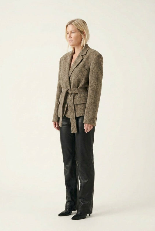 Women's Textured Tweed Belted Blazer Tailored Professional Jacket
