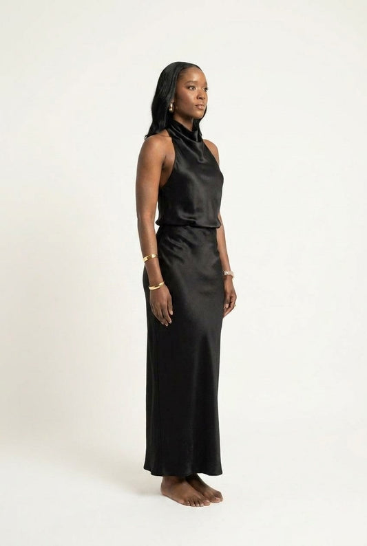 Women's Satin Halter Neck Top and Maxi Skirt Set Sleek Evening Wear