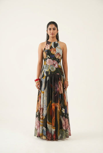 Women's Floral Print Chiffon Halter Maxi Dress with Pleated Skirt