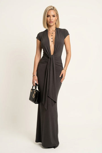 Women's Ruched Slate Jersey Maxi Dress with Deep V-Neck and Front Knot