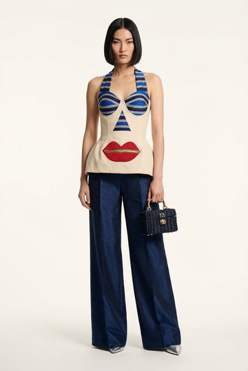 Women's Surrealist Embroidered Halter Blouse and Wide Leg Pants Set