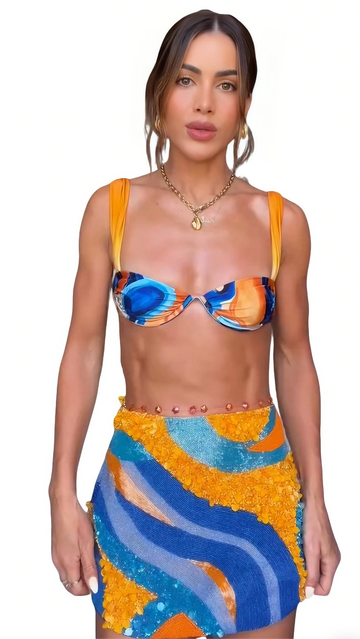 Blue and orange swirling print bikini set