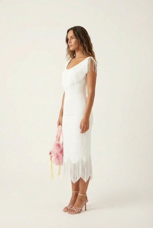 Women's Sleeveless White Fringe Bodycon Dress Elegant Evening Wear