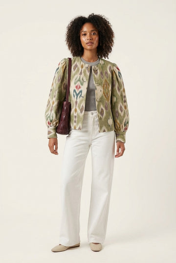 Women's Ikat Print Puff Sleeve Jacket, Button-Front Statement Outerwear