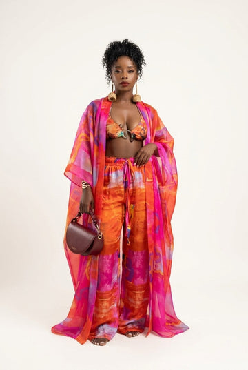 Women's Vibrant Abstract Print Sheer Kimono and Pants Set Resort Wear