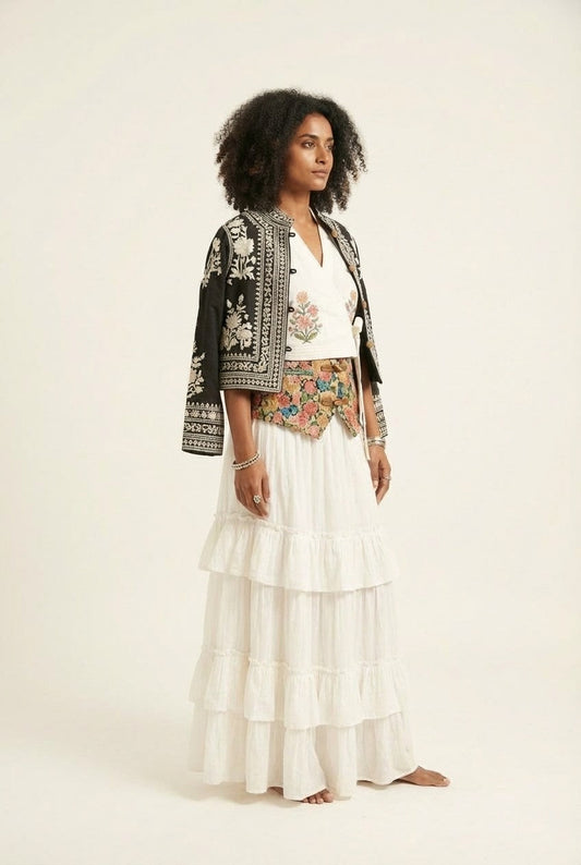 Women's Bohemian Embroidered Cotton Cropped Jacket for Artisanal Resort Wear