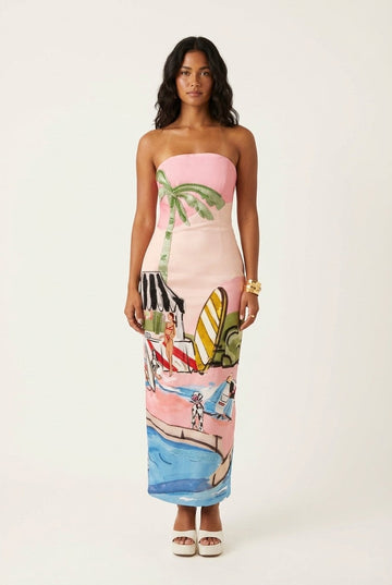 Women's Strapless Tropical Print Maxi Dress Slim Fit Resort Wear