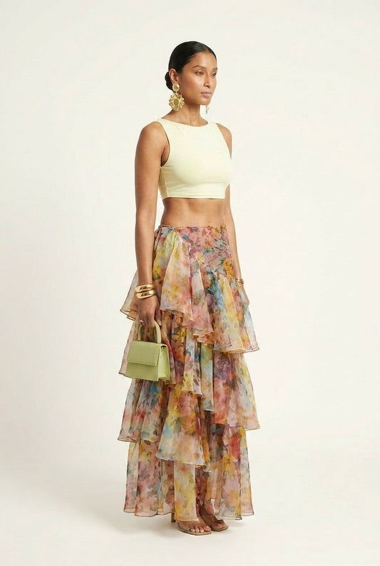 Women's Sleeveless Chiffon Floral Crop Top and Tiered Maxi Skirt Set