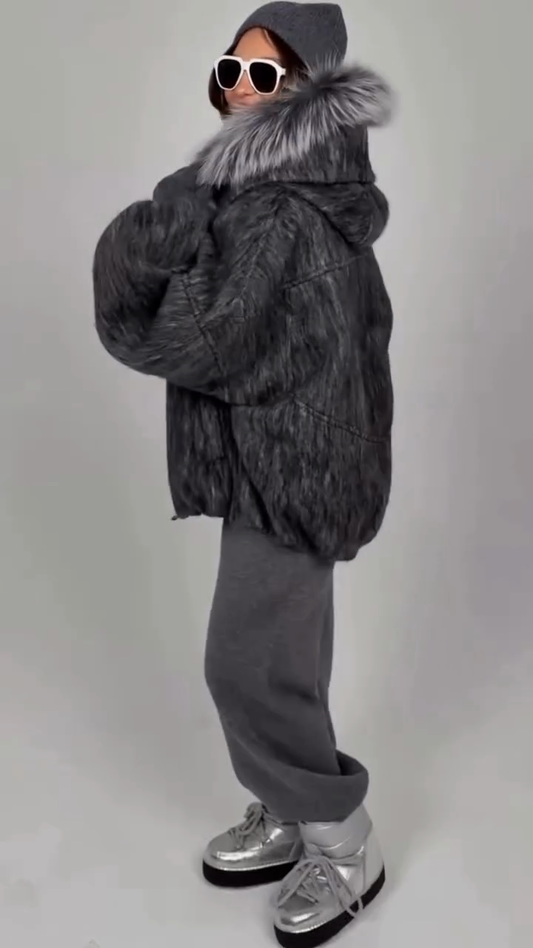 Charcoal gray faux fur oversized down jacket