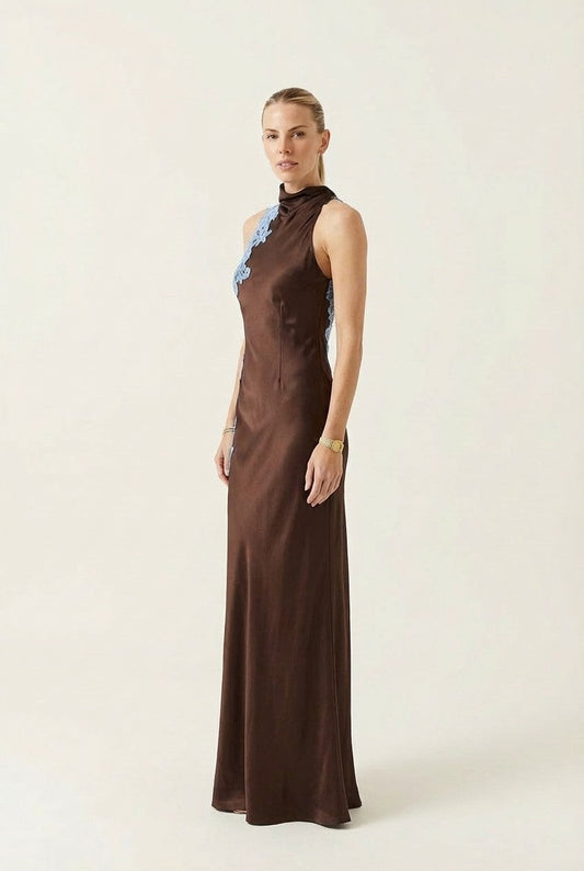 Women's Chocolate Satin Halter Maxi Dress with Blue Lace Detail Formal Gown