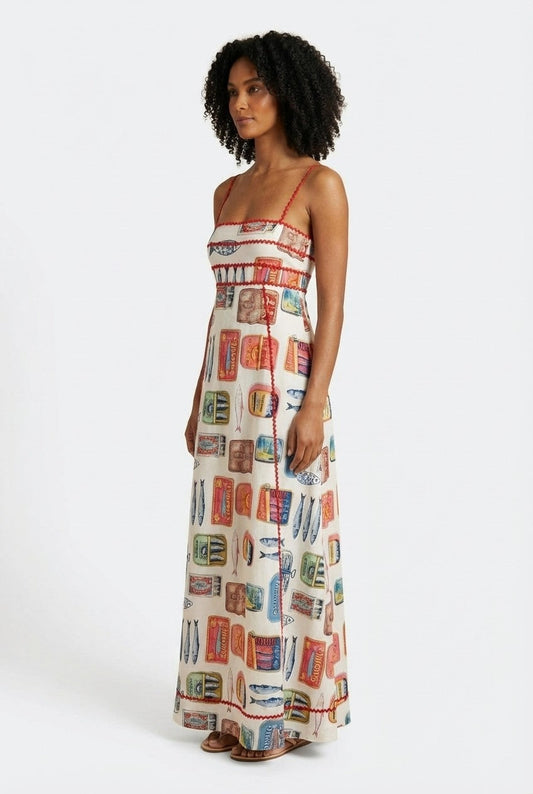 Women's Coastal Sardine Print Cotton Maxi Dress with Ric-Rac Trim
